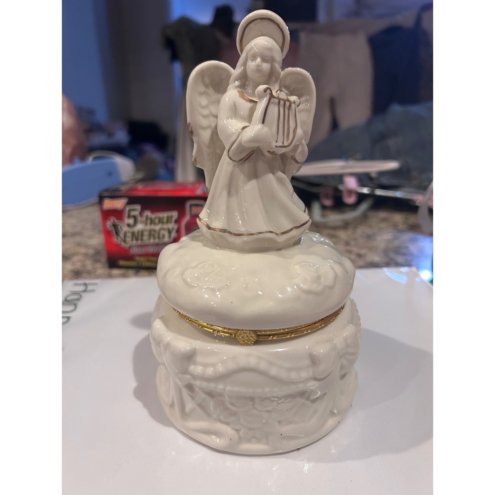 Angel Trinket Box Small White Gold Excellent Porcelain‎ Harpist Decor